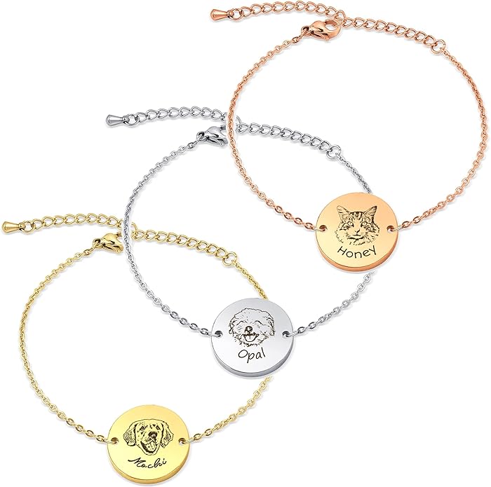 Anavia Personalized Pet Portrait Bracelet, Handmade Engraved Stainless Steel Round Disc Bracelet, Sketch Style Photo Pet Memorial Jewelry Gift for Animal Cat Dog Lovers