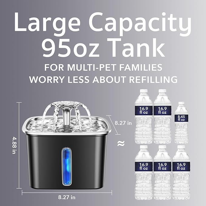 Veken Innovation Award Winner Stainless Steel Cat Water Fountain, 95oz/2.8L Automatic Pet Fountain Dog Water Dispenser with Replacement Filters & Silicone Mat for Cats, Dogs (Space Black)