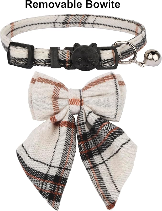 ADOGGYGO Plaid Cat Collars with Removable Bow Tie Bell, 2 Pack Beige Blue Plaid Kitten Bow Collar for Cats Kittens