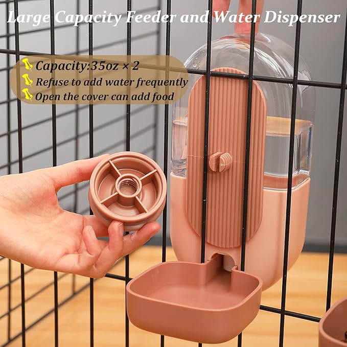 Kenond 35oz Hanging Automatic Pet Food Water Dispenser, Auto Gravity Pet Feeder and Waterer Set, Cage Cat Food Bowl Dog Feeding Station for Puppy and Kitten Rabbit Chinchilla Hedgehog Ferret (Pink)