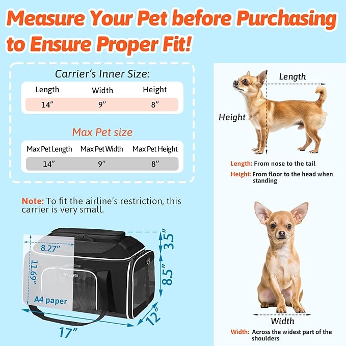 Petskd Top-Expandable Pet Carrier 17x12x8.5 Inches JetBlue Allegiant Spirit Airline Approved, Soft-Sided Carrier for Small Cats and Dogs with Locking Safety Zippers and Anti-Scratch Mesh(Black)