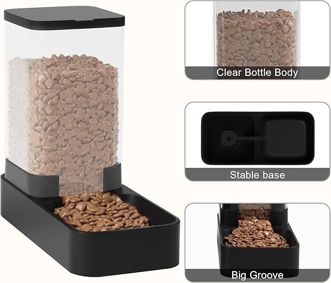 Automatic Cat Feeder and Water Dispenser in Set with Pet Food Bowl,Gravity Dog Waterer and Food Feeder for Small Medium Dog Cat Puppy Kitten Large Capacity(3.3L,Black)