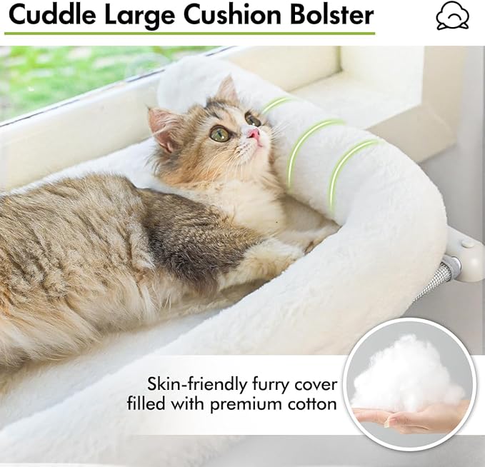 Cat Window Sill Perch with Large Bolster, Easy to Adjust & Assemble Cat Window Seat for Windowsill & Bedside, Pet Hammock Bed for Large Cats and Kittens (White, L)