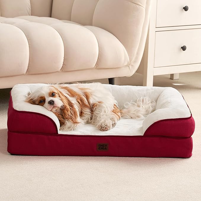 EHEYCIGA Orthopedic XL Dog Beds, Waterproof Memory Foam Dog Bed for Extra Large Dogs, Non-Slip Bottom and Egg-Crate Foam Big Pet Couch Bed with Washable Removable Cover,Red
