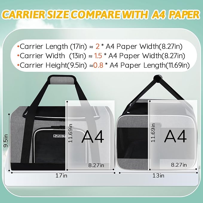 Petskd Pet Carrier 17x13x9.5 Southwest Airline Approved,Pet Travel Carrier Bag for Small Cats and Dogs, Soft Dog Carrier for 1-15 LBS Pets,Dog Cat Carrier with Safety Lock Zipper (Grey)