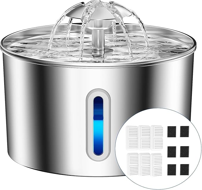 Cat Water Fountain Stainless Steel - 74oz/2.2L Corded Pet Water Dispenser Automatic Silent Cats Dispenser for Drinking Inside Indoor Metal Kitty Spout Fountain with 6 Filters & 6 Sponges