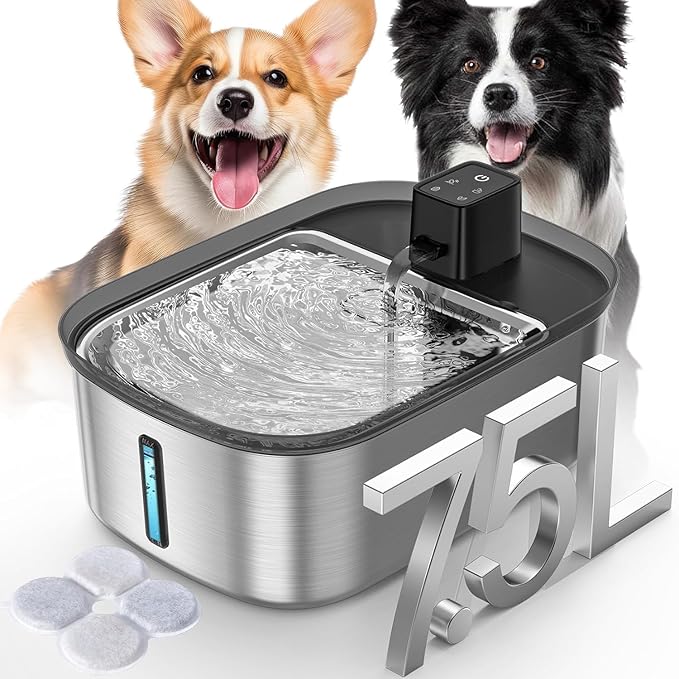 Wireless 7.5l/254oz/2Gal Dog Water Fountain for Large Dogs Stainless Steel, Quiet Pet & Cat Water Fountain with Motion Sensor, Automatic Water Dispenser for Dogs&Multi-Pet Homes Continuous Fresh Flow