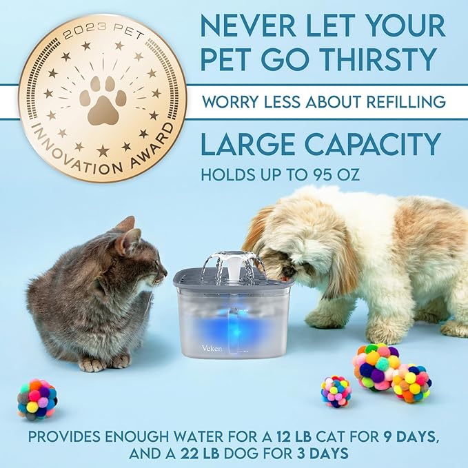 Veken Innovation Award Winner 95oz/2.8L Pet Fountain, Automatic Cat Water Fountain Dog Water Dispenser with Replacement Filters for Cats, Dogs, Multiple Pets (Transparent Grey, Plastic)