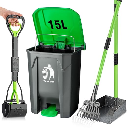 MXF Pooper Scooper Set - 28" Dog Pooper Scooper & Long Handle Stainless Metal Tray&Rake, 15 Litre Step Dog Poop Trash Can w/Removable Inner Bucket, 20 Waste Bags for Outdoors