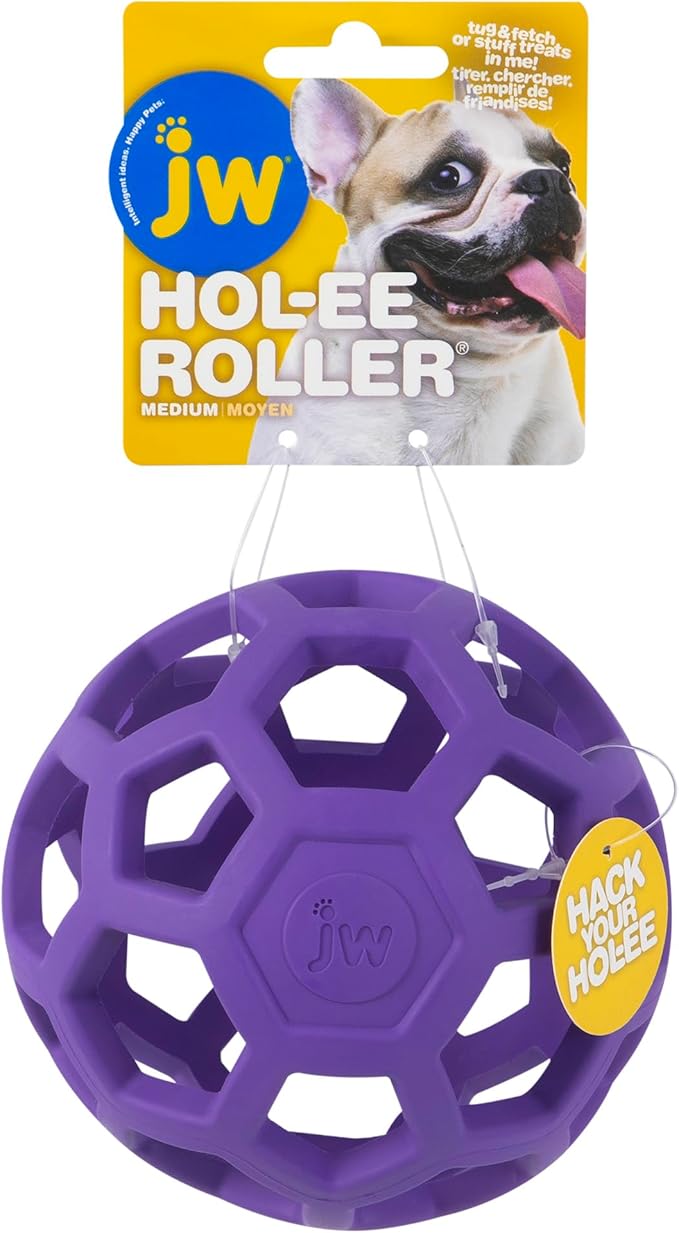 JW Pet Hol-ee Roller Dog Toy Puzzle Ball, Natural Rubber, Medium (4.5 Inch Diameter), Colors May Vary