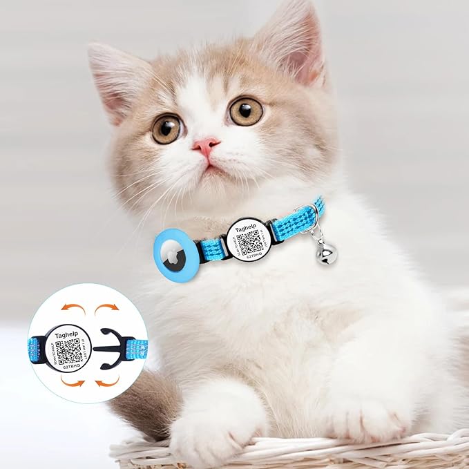 Reflective AirTag Cat Collar Breakaway, TAGHELP GPS Cat Collar with Apple Air Tag Holder, Cat Tracker Collars with Safety Elastic Band for Girl Boy Cats, Kittens and Puppies (Blue)