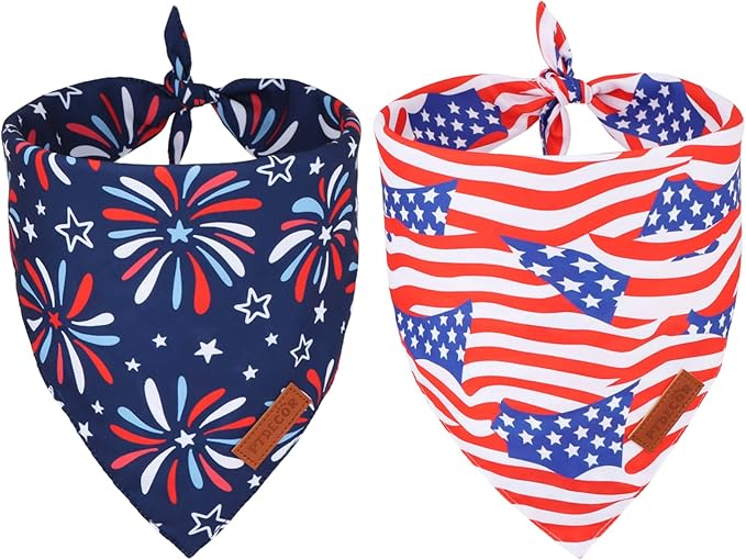 PTDECOR American Flag Dog Bandana 4th of July Dog Puppy Scarf Reversible Red Blue Patriotic Bandanas for Small Dogs Pets (Blue & Red, Small)