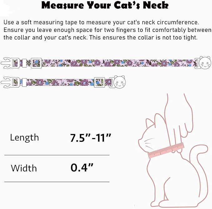 2 Pack Cotton Breakaway Cat Collars Set with Bell and Flower Pendant, Cute Floral Fruit Patterned, Adjustable 7.5-11Inch, Include A Mouse Toy Gift