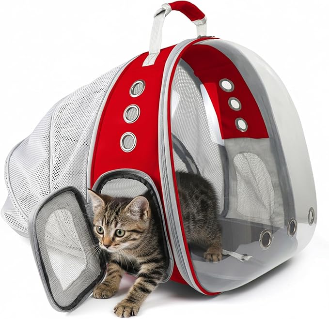 Cat Backpack Carrier, Back Expandable Pet Backpack with Bubble Window, Airline Approved Pet Travel Bag for Small/Medium Cats & Puppies, Hiking, Camping, Outdoor Use (Red)