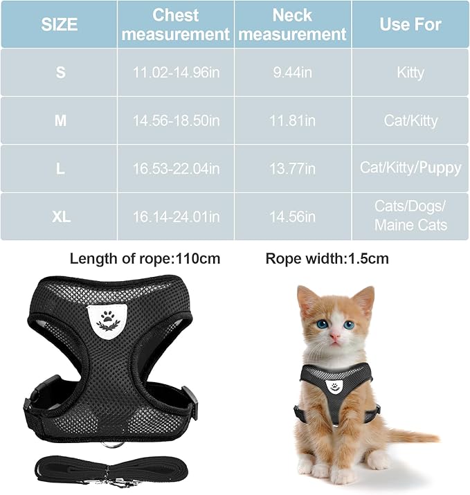 shudyear Summer cat Chest Harness and Leash, Anti-Escape Adjustable Soft mesh cat Leash and Chest Harness Set for All Types of Cats cat Vests (Size L,Black)