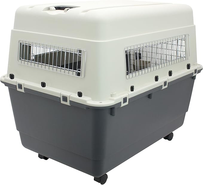 SportPet Designs Plastic Kennels Rolling Plastic Airline Approved Wire Door Travel Dog Crate, XXX-Large, Gray