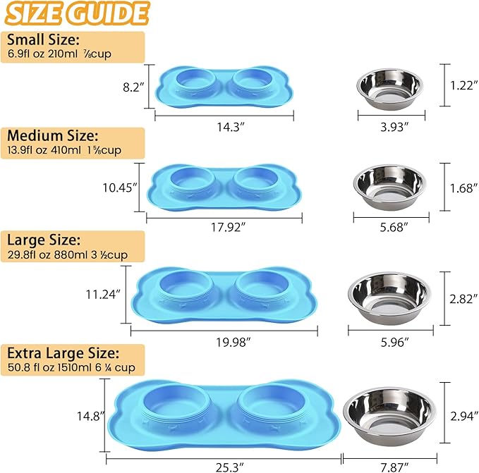 Hubulk Pet Dog Bowls 2 Stainless Steel Dog Bowl with No Spill Non-Skid Silicone Mat + Pet Food Scoop Water and Food Feeder Bowls for Feeding Small Medium Large Dogs Cats Puppies (X- Large, Turquoise)