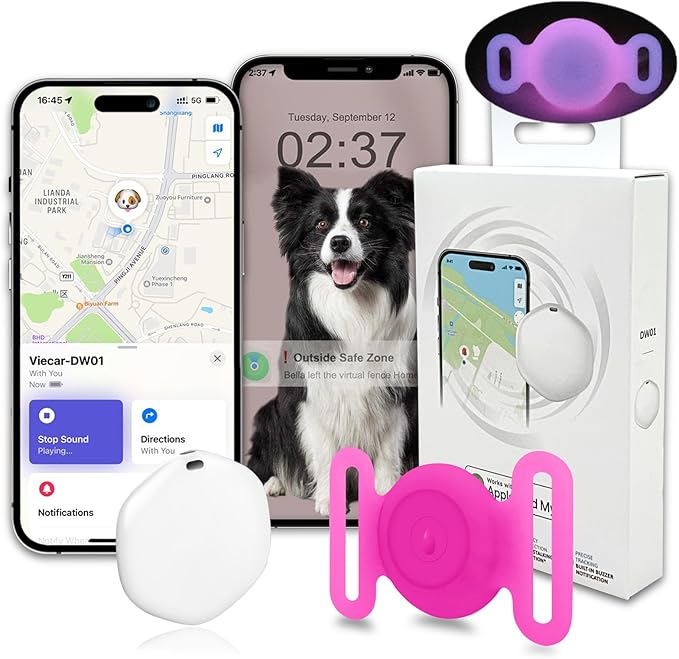 GPS Tracker for Dogs, Mini GPS Cat Tracker, IPX8 Waterproof GPS Trackers for Cats with Holder, No Monthly Fee, Work with Apple Find My(iOS Only), Smart Trackers for Dogs Finder Tracker Pets(GlowPink)