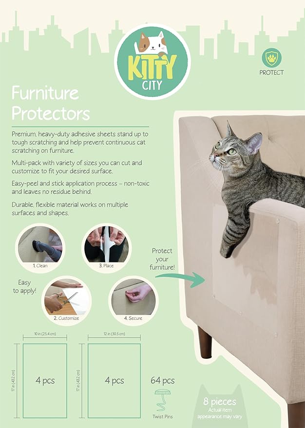 Kitty City Cat Furniture Protector – Heavy-Duty Scratch Guard for Sofas & Chairs – Multi-Pack Peel-and-Stick Cat Claw Protector, Transparent, Flexible, Pet-Friendly, Residue-Free (8 Pieces)