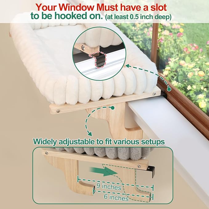 Zakkart SnugCloud Cat Window Perch with 4-Sided Bolster - Orthopedic Cat Hammock for Window Sill - Solid Hardwood & Metal Frame - Window Seat for Pets (Natural Color Wood w/White Bed, Medium)