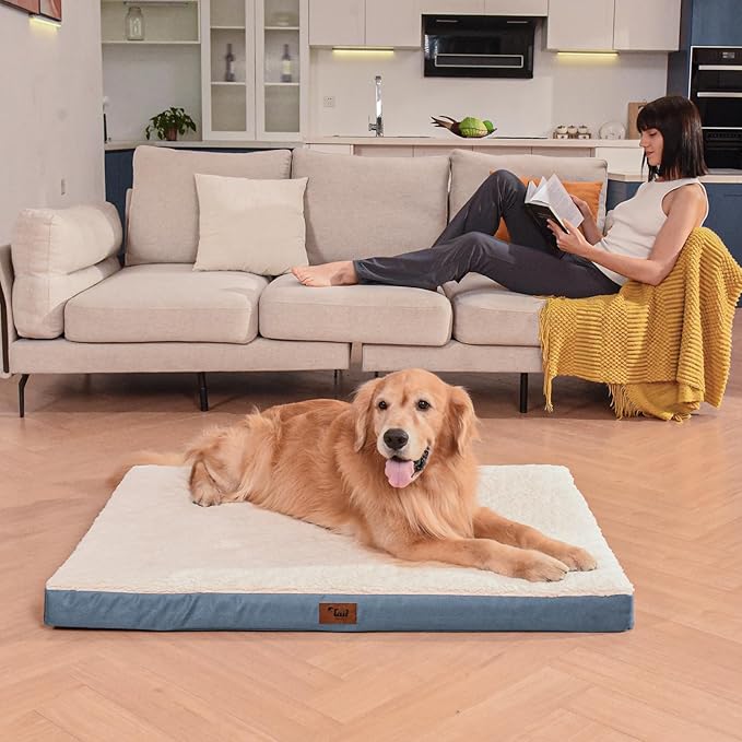 Dog Beds for Large Dogs, Comfort Orthopedic Dog Bed for Extra Large Dogs, Big Waterproof Pet Bed with Washable Removable Oxford Cover, Blue White