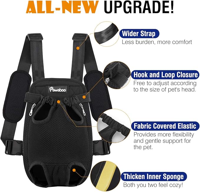 Pawaboo Pet Carrier Backpack, Adjustable Pet Front Cat Dog Carrier Backpack Travel Bag, Legs Out, Easy-Fit for Traveling Hiking Camping for Small Medium Dogs Cats Puppies, Large, Black