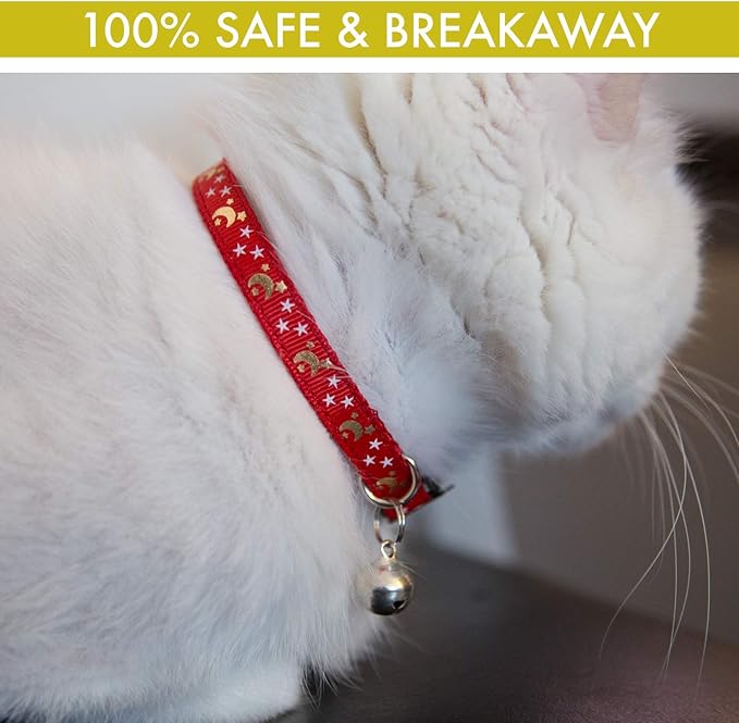 Cat Collar Stars and Moon, 4-Pack, Reflective with Bell, Solid & Safe Collars for Cats, Nylon, Kitty Collars, Pet Collar, Breakaway Cat Collar