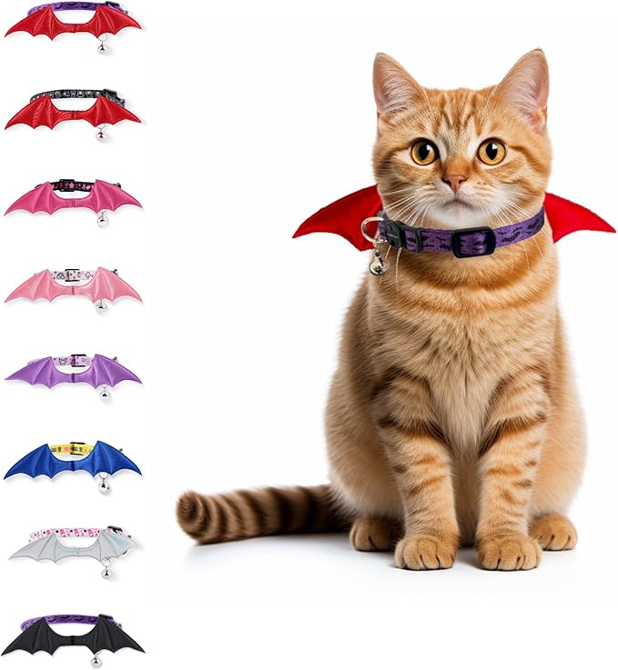 1 PC Bat Wing Cat Collar with Bell, Adjustable Kitten Collar with Safety Breakaway Buckle for Boy&Girl Cats, Halloween Christmas Cat Accessories for Kitten Puppy