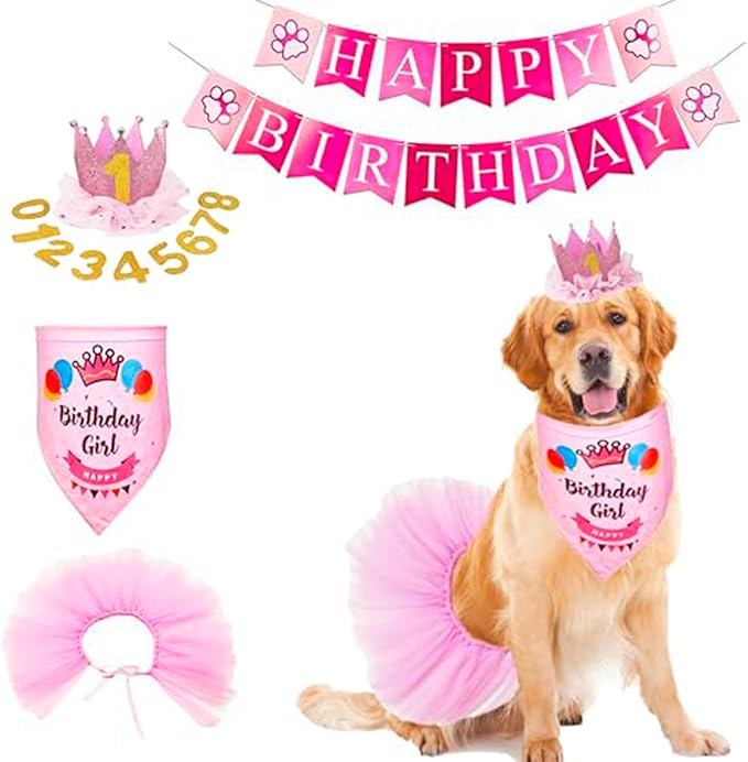 ADOGGYGO Dog Birthday Hat Bandana Girl - Pet Birthday Party Supplies - Pink Dog Tutu Hat Scarf Banner Set for Extra Large Dogs (X-Large)
