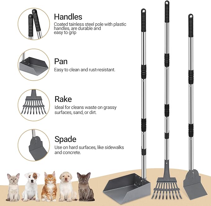 Heeyoo Dog Pooper Scooper, Dog Poop Tray and Rake Set, Pet Waste Removal Scoop with Long Adjustable Sectional Stainless Handles