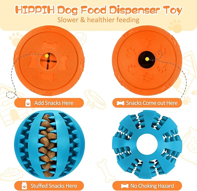 HIPPIH Dog Puzzle Toy 2 Pack, Interactive Dog Toys for Treat Dispensing, Durable Puppy Toys for Teething, Dog Treat Ball for Teeth/Slow Feeder/IQ Training/Playing, Blue-2.75‘’, Orange-3.14‘’