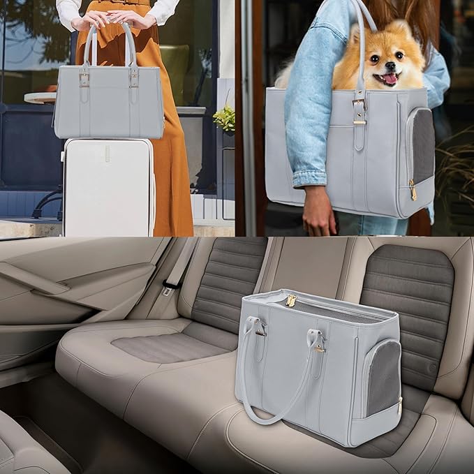 Fashion Pet Carrier Dog Purse Cat Bag Soft-Sided Carriers Travel Airline Approved, Stylish Leather Tote Handbag for Small Animal Puppy Kitten (Grey)