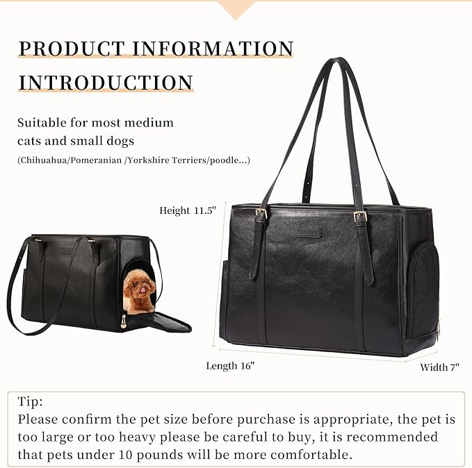 Fashion Dog Purse Pet Carrier Leather Bag for Small Dogs Cats Puppy, Portable Tote Bag Airline Approved Soft-Sided Carriers (Black)
