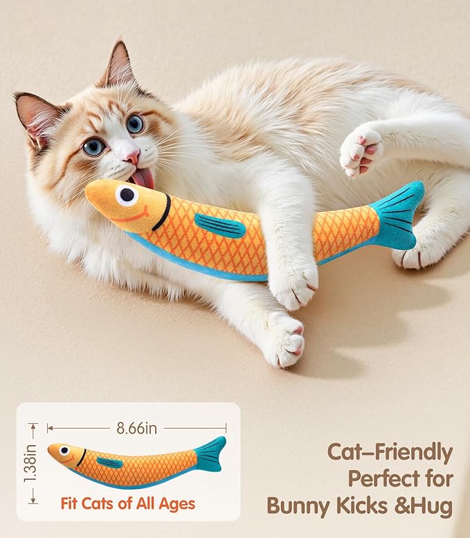 Interactive Cat Toys with[5000mg Premium A+Catnip &Silvervine][Baby Grade] Soft Chew Kicker Cat Toys for Indoor Cats & Kittens, Crinkle &Rattle Fish Sound Toy, Drives Bored Cats Crazy with Fun,3 Pack