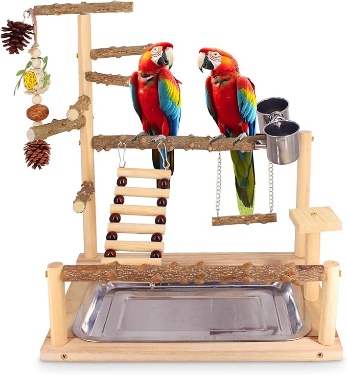 Bird Playground Natural Parrot Toys Perch Stand Cockatiel Swing with Chew Toys Parrot Platform with Feeder Cups Parakeet Playground Bird Cage Play Stand for Conure Parakeet Cockatiel