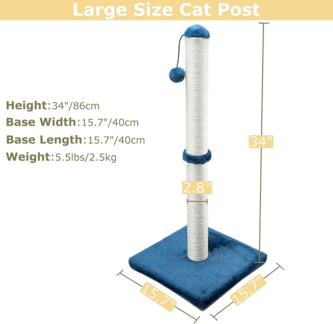 Dimaka 34" Height Tall Cat Scratching Post, Claw Scratcher with Sisal Rope and Covered with Soft Smooth Plush, Vertical Scratch [Full Strectch] Cats (Blue, 34 inches for Large Cats)