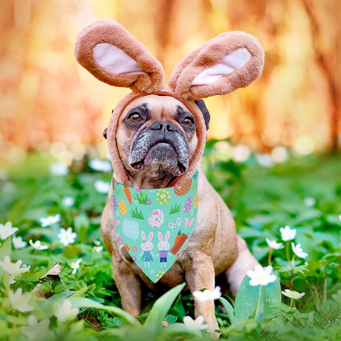PTDECOR Easter Dog Bandana, Reversible Rabbit Easter Egg Dog Scarf, Multi Size, White Green Bandanas for Medium Large Dogs Pets (White&Green, Large)