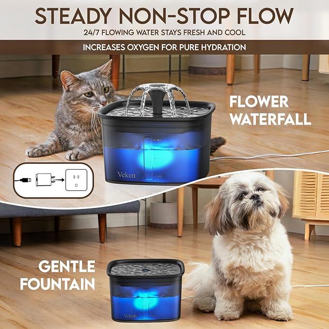Veken Innovation Award Winner 95oz/2.8L Pet Fountain, Automatic Cat Water Fountain Dog Water Dispenser with Replacement Filters for Cats, Dogs, Multiple Pets (Space Black, Plastic)