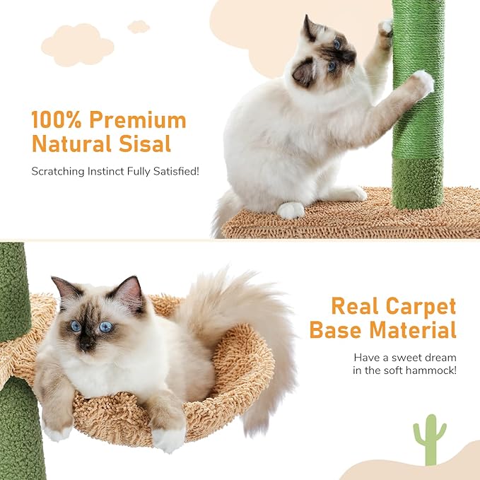 PAWZ Road Cat Tree, Cactus Floor to Ceiling Cat Tower with Adjustable Height(95-108 Inches), 5 Level Cat Climbing Tower with Cozy Hammock, Platforms and Dangling Balls for Indoor Cats