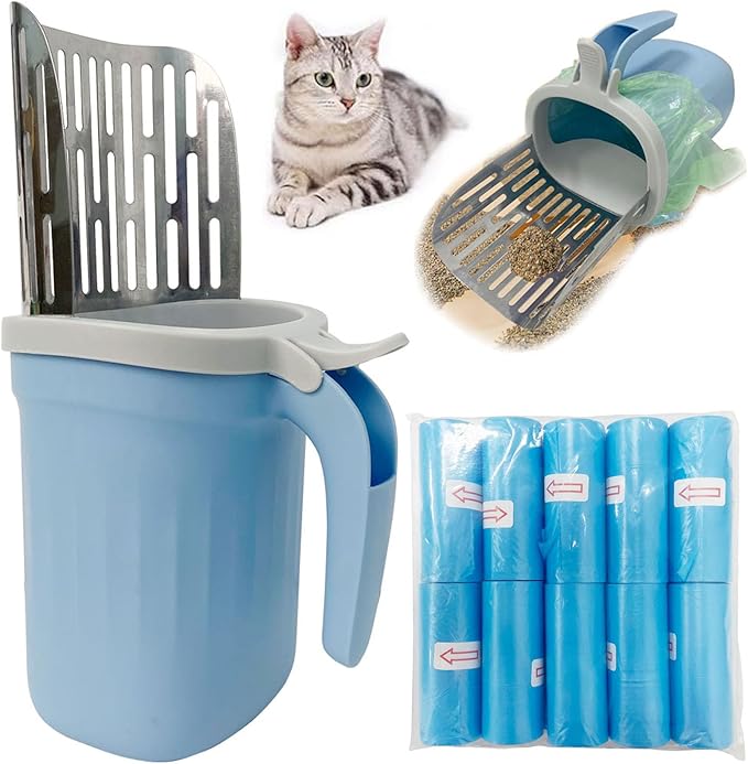 Cat Litter Scoop, Large Capacity Mess-Free Cat Litter Scooper with 10 Rolls/300 Count Refill Bags, Spill-Proof Kitty Box Sifter, Bin Doubles as Scoop Holder