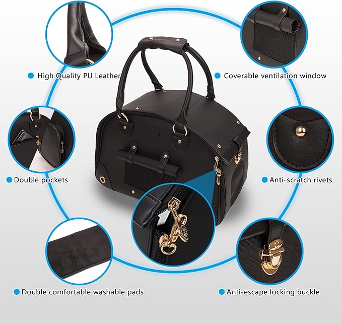 Foldable Premium PU Leather Dog Purse - Portable Pet Carrier Tote Bag for Small to Medium Cats and Dogs (Black-Small)