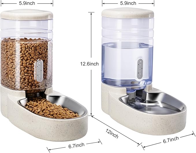 Automatic Cat Feeder and Water Dispenser with Stainless Steel Bowl Gravity Food Feeder and Waterer Set for Small Medium Dog Puppy Kitten 1 Gallon x 2(Beige)