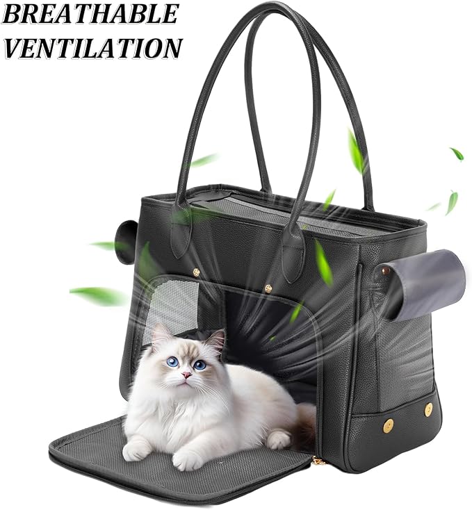 Fashion Pet Carrier Purse for Small Cat and Dog, Luxury Pu Soft-Sided Tote Bag with Large Pockets for Dogs and Puppies (Black, 15.8" L x 7.5" W x 11.8" H)
