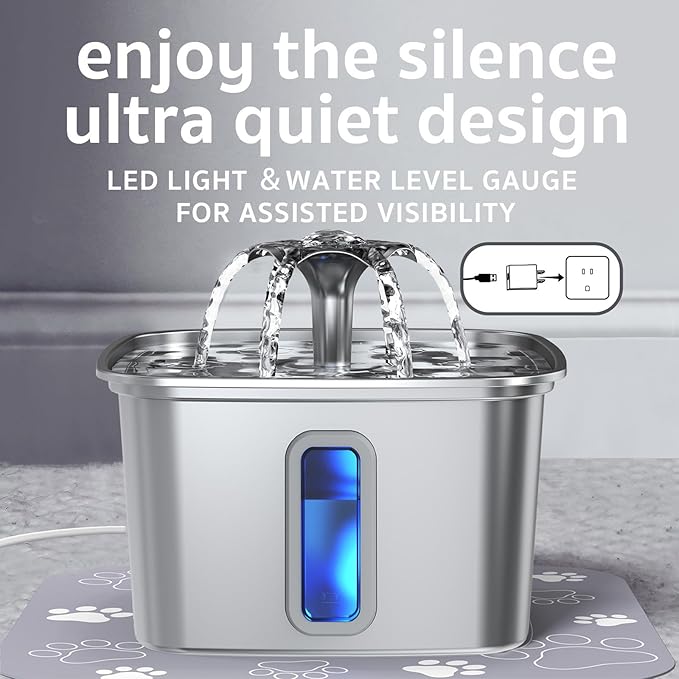 Veken Innovation Award Winner Stainless Steel Cat Water Fountain, 108oz/3.2L Automatic Pet Fountain Dog Water Dispenser with 3 Replacement Filters & Silicone Mat, Gifts for Cats, Dogs (Silver)