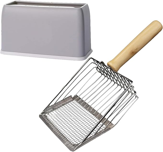 Cat Litter Scoop, Premium Kitty Shovel with Hook and Hole, Metal Sifter Scooper Stainless Steel for Easy Cleaning, Durable and Heavy Duty, Odor-Free for Litter Box (Scoop with Holder)