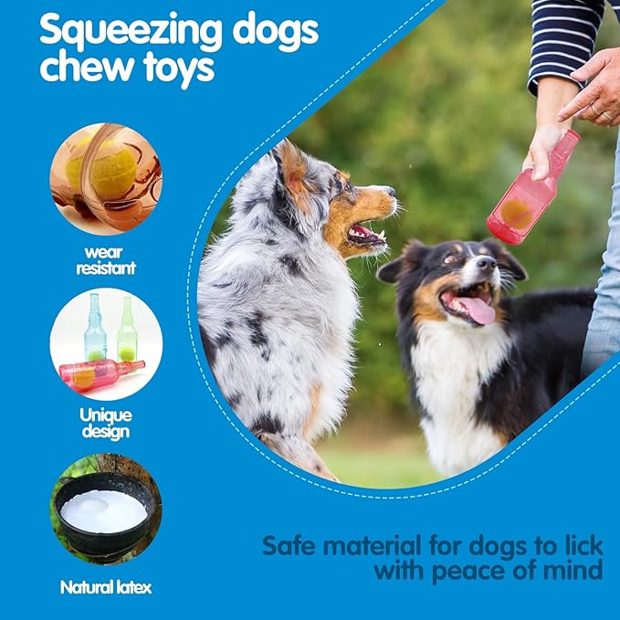 Tennis Ball in Bottle Dog Toy [2025 New Upgrade] Reinforced and Thickened Rubber Bottle Dog Chew Toy with Ball Squeaky Fetch Toy Tough (Blue, Medium)