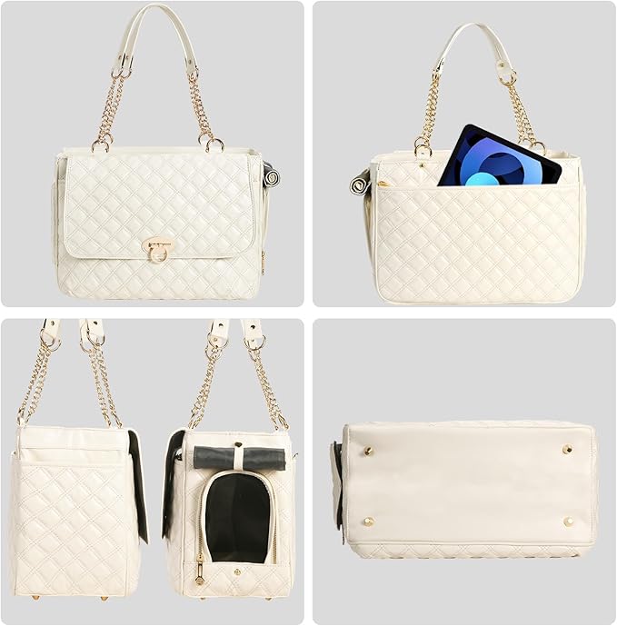 Fashion Dog Purse for Small Dogs with 2 Super-Large Pockets, Holds Up to 10lbs PU Leather Pet Carrier, Cat Carrier, Airline Approved Puppy Purse for Travel (White, Small Size)