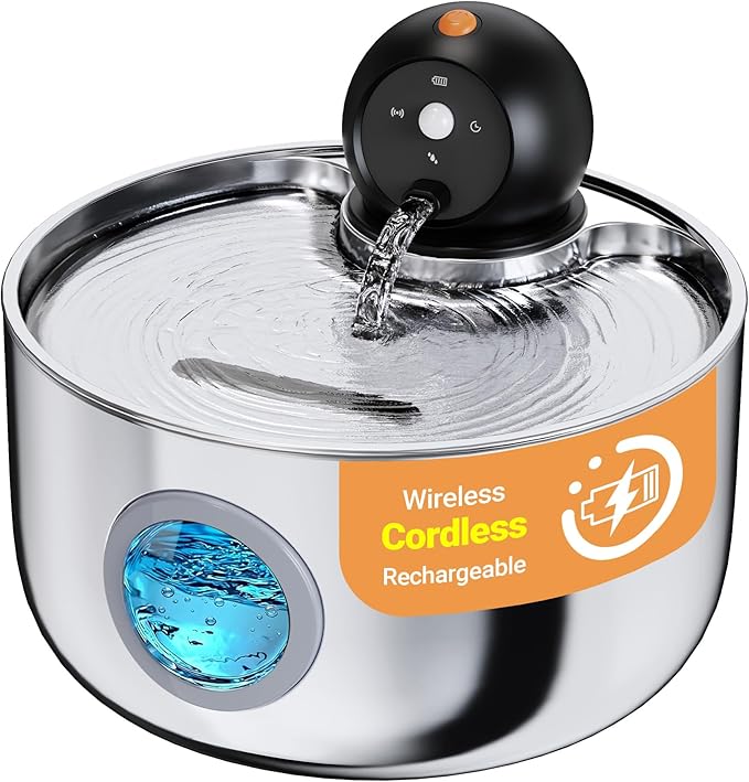 Wireless Cat Water Fountain Cordless: Stainless Steel Cat Fountains for Drinking - 88oz/2.6L Battery Operated Pet Water Fountain Indoor with Motion Sensor - Rechargeable Automatic Water Dispenser