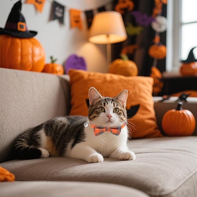 10 Pcs Cat Collar Breakaway with Bow Tie and Bell Kitten Collars Removable Bowtie Plaid Cat Collar for Cats Kittens Puppy Halloween Decor