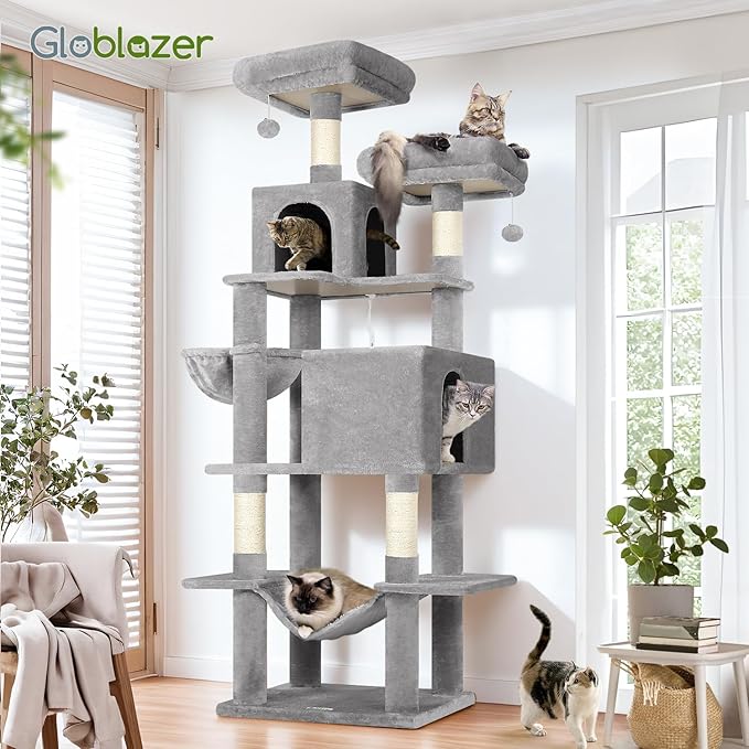 Globlazer Cat Tree Tower, 76-Inch Extra Tall Multi-Level Cat Furniture with Cozy Condos, Hammock and Perches for Adult Cats, Perfect for Climbing, Scratching, and Play, F76, Light Grey
